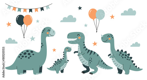 Adorable collection of happy cartoon dinosaurs with party balloons clouds and stars celebrating a prehistoric birthday adventure.