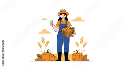 Happy female farmer in a hat and overalls holding a basket of pumpkins in a field with wheat during the autumn harvest season.