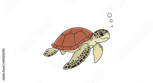 Cute cartoon sea turtle swimming peacefully underwater with small bubbles around it depicted in a friendly and endearing style.
