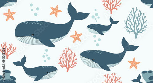 Playful seamless pattern with blue whales starfish and coral elements on a light blue background creating an enchanting underwater world.