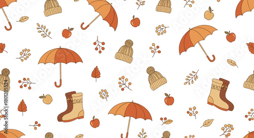 Sweet seamless pattern with umbrellas boots hats apples and berries on a white background capturing the essence of a rainy autumn day.