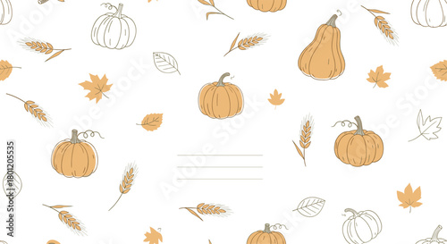 Charming seamless pattern with pumpkins wheat ears and autumn leaves on a white background for cozy fall and harvest designs.