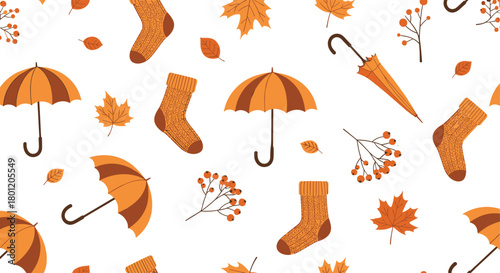 Cozy seamless pattern with umbrellas socks hats and berries on a white background capturing the essence of a warm autumn day.