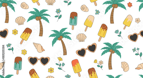 Vibrant seamless pattern capturing the essence of a tropical summer vacation with palm trees ice cream and beach accessories.