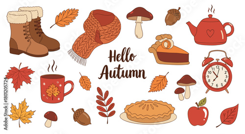 Cozy autumn collection featuring warm boots a knitted scarf delicious pies and falling leaves with "Hello Autumn" text.