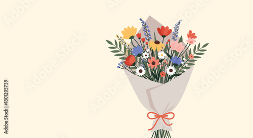Exquisite bouquet of vibrant wildflowers beautifully wrapped in paper and tied with a charming red ribbon a perfect gift.