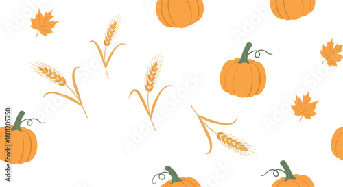 Rustic seamless pattern featuring charming orange pumpkins golden wheat stalks and classic maple leaves on a white background.