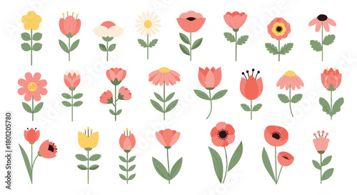 Extensive collection of diverse colorful flat style flowers with charming stems and leaves perfect for modern floral designs.