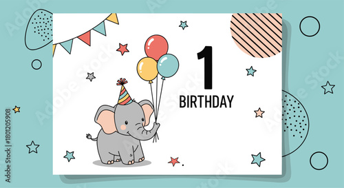 Adorable first birthday card design featuring a cute baby elephant holding balloons with "1 BIRTHDAY" text and festive decorations.