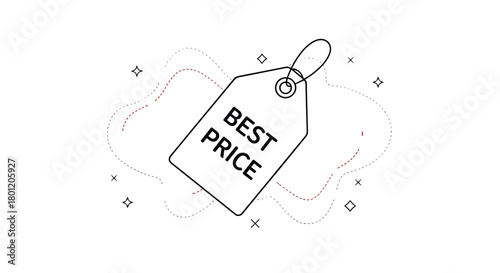 Modern price tag illustration displaying "BEST PRICE" text surrounded by abstract dashed lines and dynamic shapes.