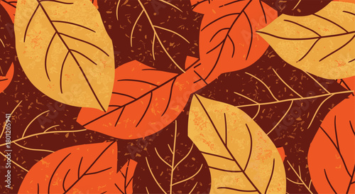 Rich seamless pattern of overlapping autumn leaves in warm orange and brown hues with a subtle textured background.