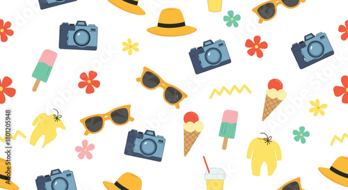 Lively seamless pattern featuring essential summer vacation items including hats sunglasses cameras ice cream and swimsuits.