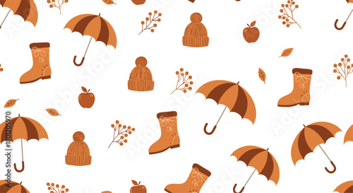 Cozy seamless autumn pattern featuring charming umbrellas rain boots knitted hats apples and falling leaves on a white background.