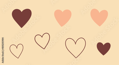 Diverse collection of heart shapes both filled and outlined in charming pink and brown hues on a soft cream background.