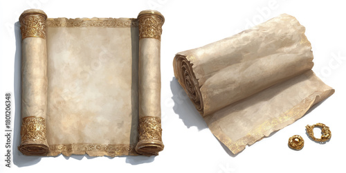 Two antique scrolls with blank paper and intricate golden details