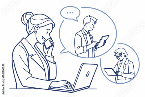 People with devices set. Female and male characters use smartphone, laptop, tablet and talking, typing, texting, chatting. Business doodle outline concept. Vector ... See More
