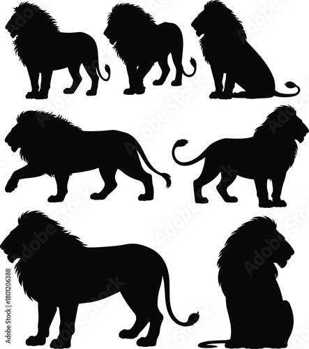 Lion silhouette set, majestic animal poses, black vector illustration, walking and sitting motion, wildlife design, powerful creature sketch