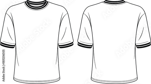 Short-sleeved T-shirt front and back view, round neckline design, contrast cuff detail, basic fashion flat, garment sketch