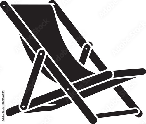 Black vector deck chair icon with sturdy wooden frame and comfortable fabric seat for summer relaxation
