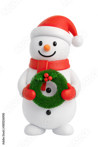 Snowman with red scarf and mittens holding a realistic Christmas wreath with holly berries Cutout Transparent PNG