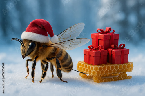 Festive bee wearing Santa hat pulling honey sleigh with colorful gifts in a snowy winter landscape