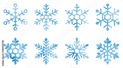 雪の結晶の手描きアイコンイラストセット 水彩 青色