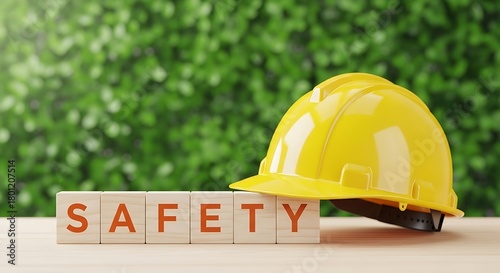Safety first concept, safety helmet and wooden blocks with safety word