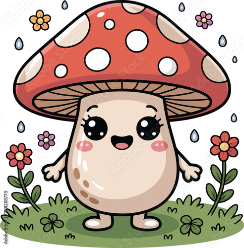 Cute vector mushroom character with a red spotted cap, big eyes, and a cheerful smile standing in green grass.