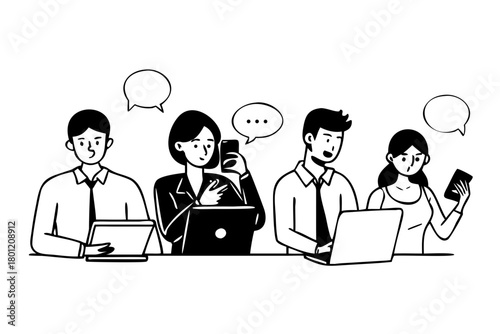 People with devices set. Female and male characters use smartphone, laptop, tablet and talking, typing, texting, chatting. Business doodle outline concept. Vector ... See More
