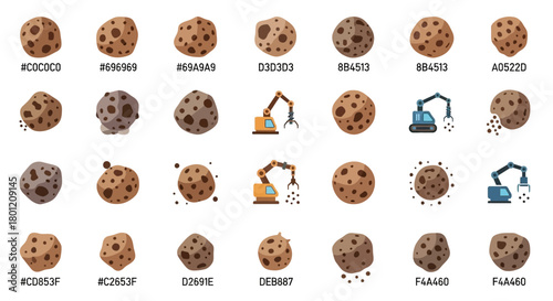 Collection of Cartoon Asteroids and Space Mining Vehicles Vector Icons for Design Projects