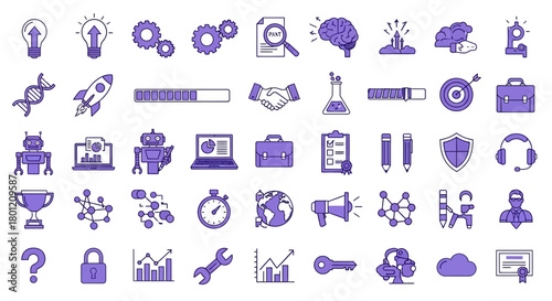 Business innovation and technology linear style icons featuring elements of business success and