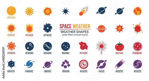 Space weather shapes: vector illustration of suns, planets, stars and weather for science