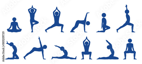 Collection of yoga posture silhouettes featuring calm meditation, stretching and balanced poses, perfect for wellness visuals, fitness icons, exercise illustrations and relaxing minimal vector sets