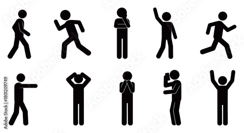 Dynamic silhouette collection of diverse human action poses featuring running, jumping, stretching and casual standing gestures, perfect for motion concepts, activity icons and modern minimal vector 