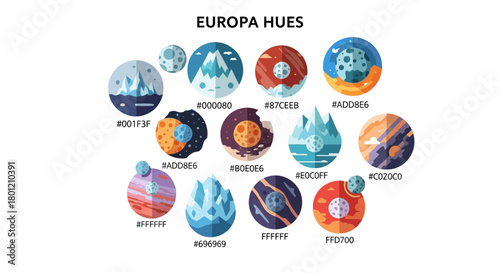 Europa Hues Color Palette with Geometric Planet Designs and Hex Color Codes Displayed