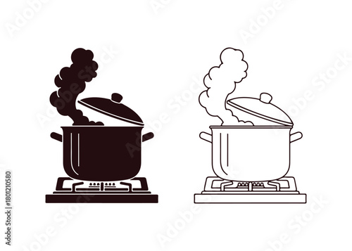 There's a pot on the stovetop with the lid cracked open. Steam is escaping from it. The image is displayed in two styles: solid color and outline.