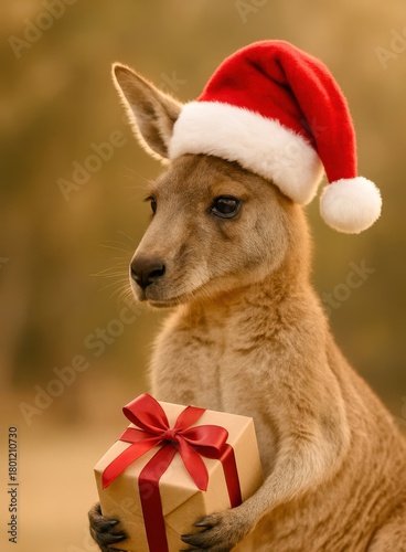 A kangaroo is holding a brown box with a red ribbon