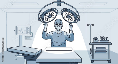 Surgeon Adjusting Surgical Lights In Operating Room With Modern Medical Equipment
