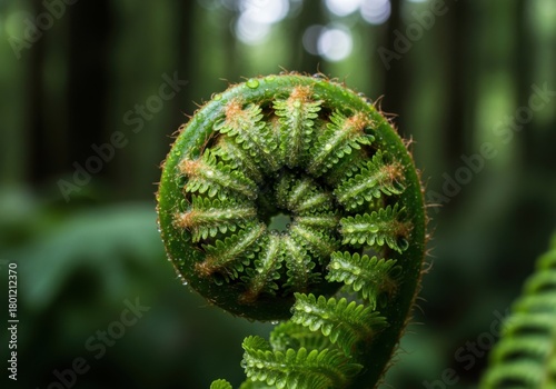 Tropical Fern Fiddlehead with Dew — Macro Detail