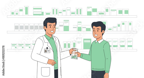 Pharmacist Serving a Customer with Their Prescription in a Modern Pharmacy Setting