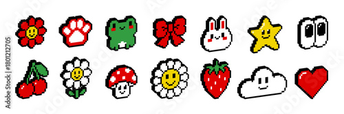 Pixel 3d isometric icon and sticker set. 8 bit retro game style. Y2k trendy vector illustration of heart flower cloud character star etc in red yellow green colors. Social media and chat elements.