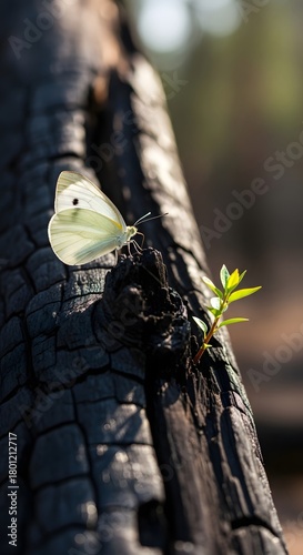 A delicate butterfly perched on a charred log next to a small green plant, showcasing resilience and new growth in a natural setting