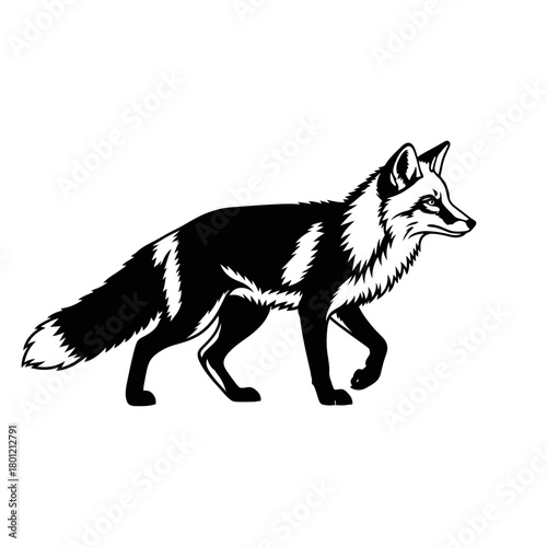 Black and white fox vector illustration walking side view animal wildlife silhouette design graphic art