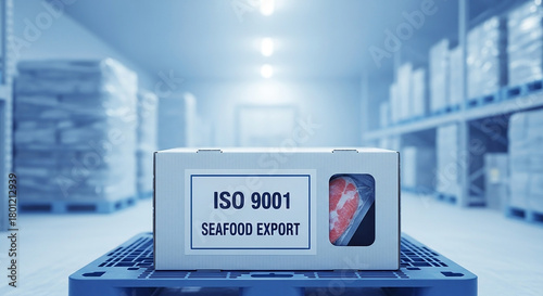Frozen seafood export box displaying large ISO 9001 label on a hygienic pallet inside a cold storage warehouse, underscoring frozen supply chain compliance