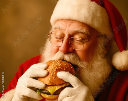 Santa Claus is eating a hamburger