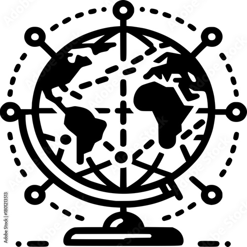 Global Travel Route Icon - Modern Monochrome Vector Design for World Travel International Flight Network Journey Connected World Tourism Navigation
