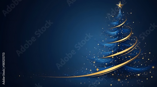Decorative blue Christmas tree with golden ribbons and star shining against a dark background