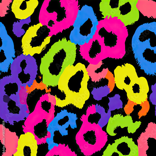 Vibrant neon leopard print pattern in pink, yellow, blue, and green on black background