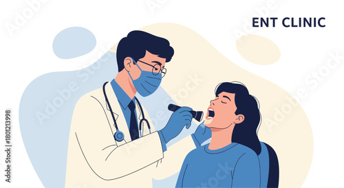 Medical Examination Illustration: An ENT Physician Examining Patient's Throat In A Clinic Setting