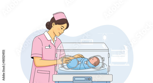 A Nurse Caring For A Newborn Baby Inside An Incubator For Medical Treatment